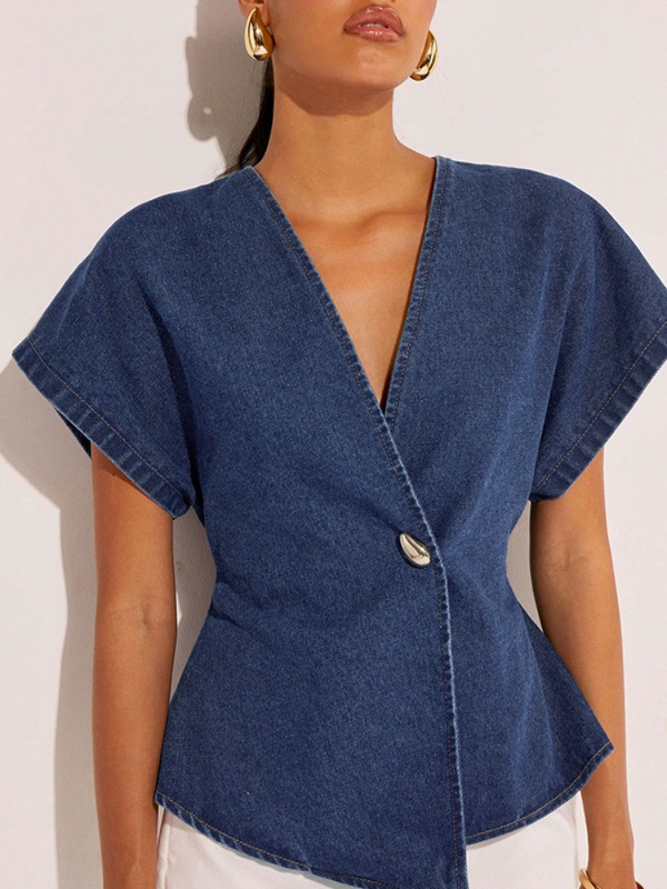 Summer Clothing Wraps - 2026 Dames Donkerblauwe Denim Blouse dameskleding